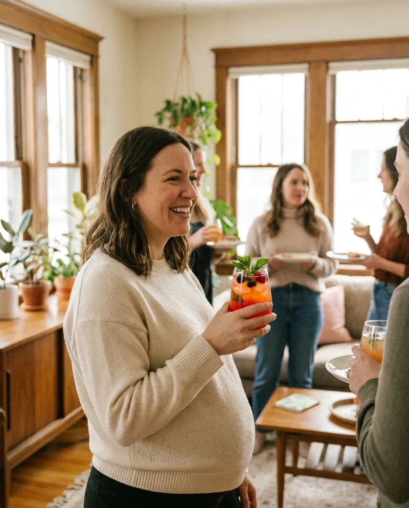 Pregnant woman holding a non-alcoholic mocktail at a social gathering