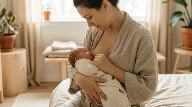 Mother holding her newborn skin-to-skin against her chest in the first hour after birth