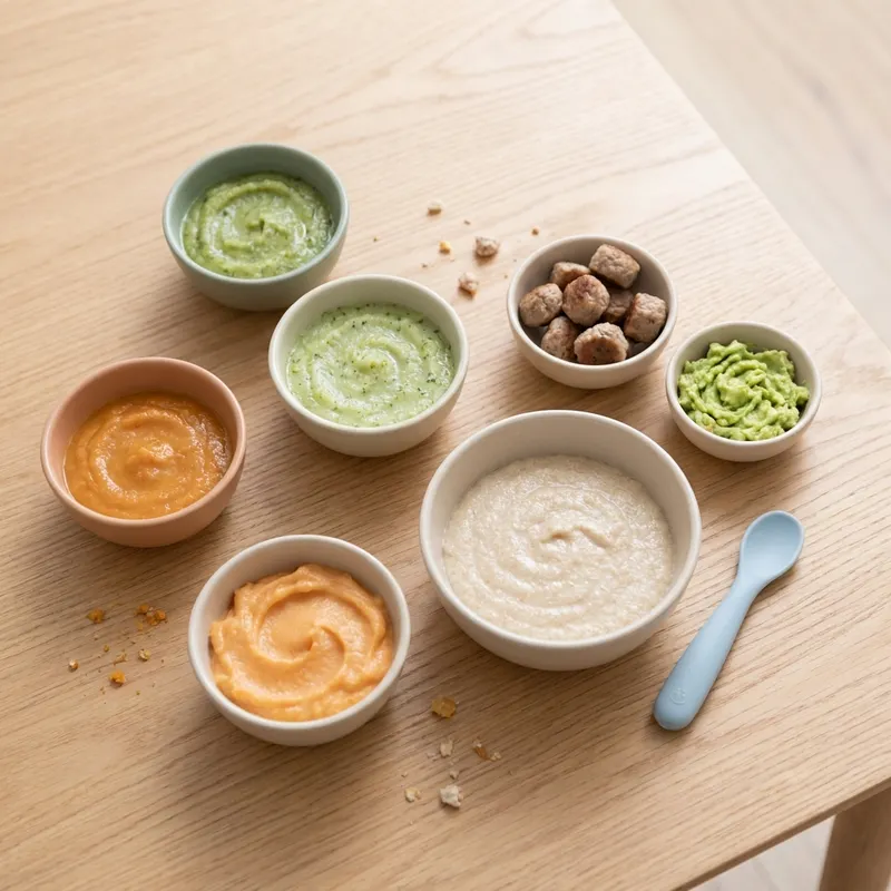 Flat lay of first baby foods: vegetable purees, iron-fortified cereal, soft meatballs and mashed avocado