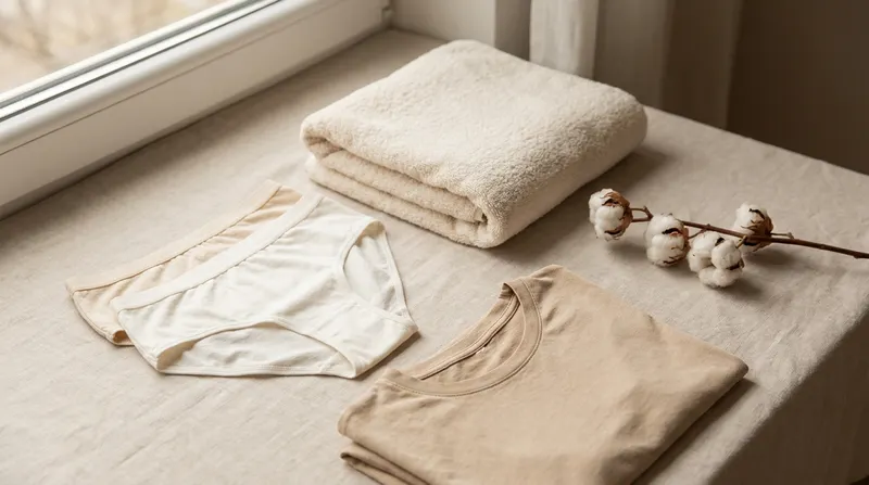 Flat-lay of soft cotton underwear, a folded towel and a cotton tee on a linen surface