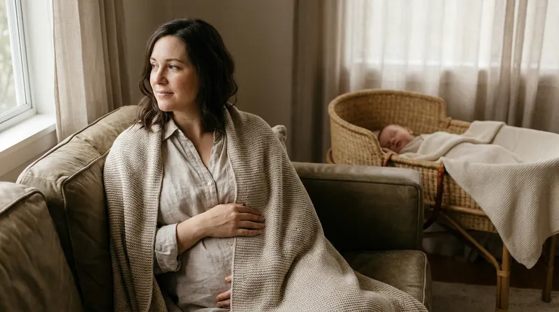 A woman resting on a sofa wrapped in a blanket, a hand on her belly, her baby asleep in a bassinet nearby