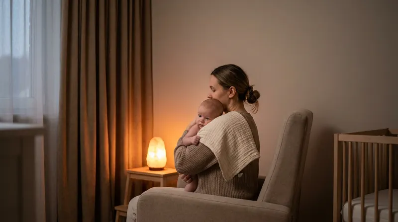 A parent holding their baby against their shoulder in a softly lit nursery during the bedtime routine