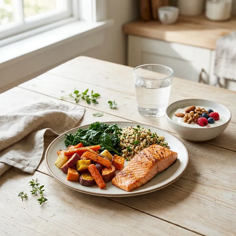 Balanced healthy pregnancy meal: grilled salmon, roasted vegetables, greens, whole grains, water and yogurt with nuts and berries
