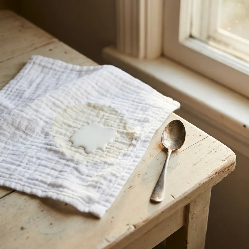 A tablespoon of milk spilled on a white muslin baby cloth, spreading into a stain much larger than the actual amount