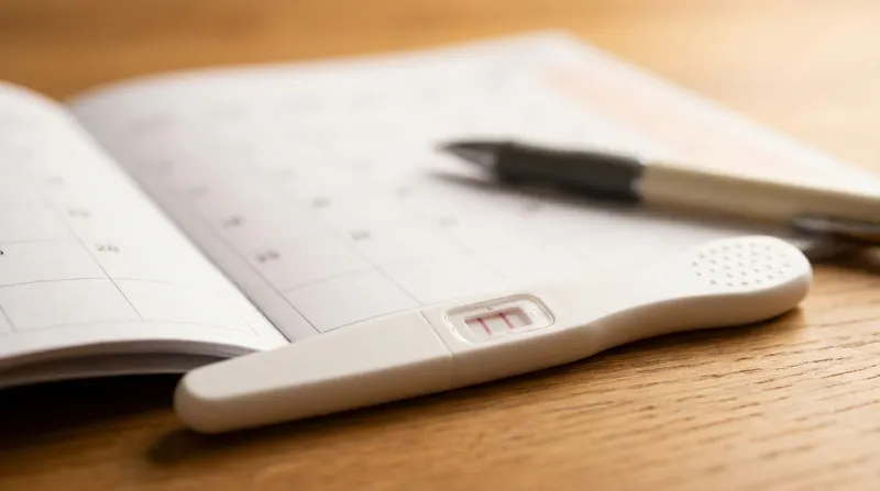 Positive home pregnancy test with two clear lines resting on a calendar next to a pen