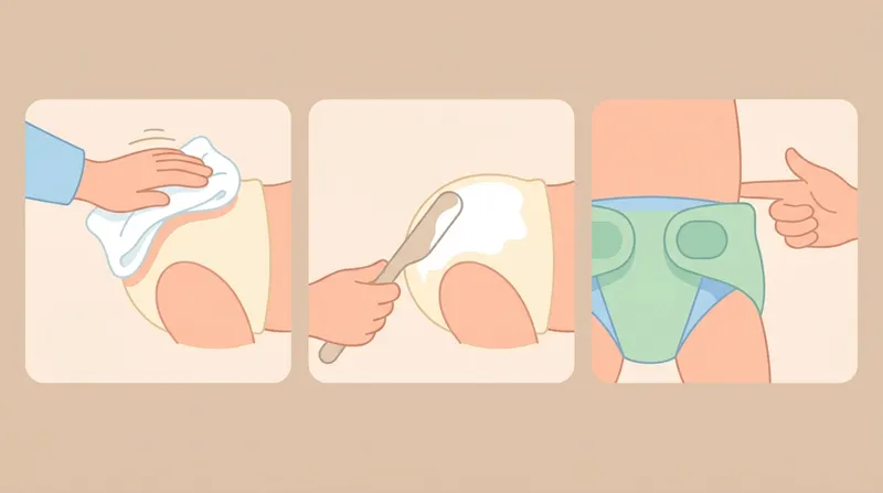 Three steps of treating diaper rash: pat the skin dry, apply a thick layer of zinc barrier paste, fasten a loose diaper