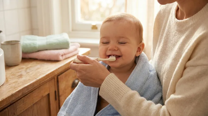 A parent brushing a baby's first tooth with a soft infant toothbrush