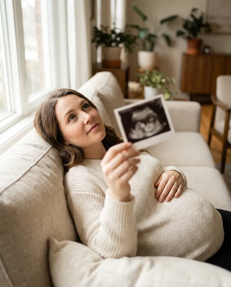 A smiling pregnant woman relaxing at home and looking at her first ultrasound photo