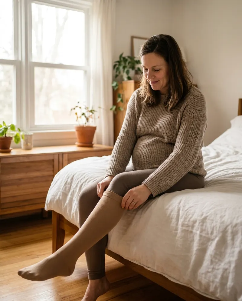Pregnant woman putting on a knee-high graduated compression stocking while sitting on the bed