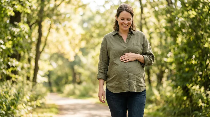 Pregnant woman in her second trimester walking outdoors with a hand on her belly