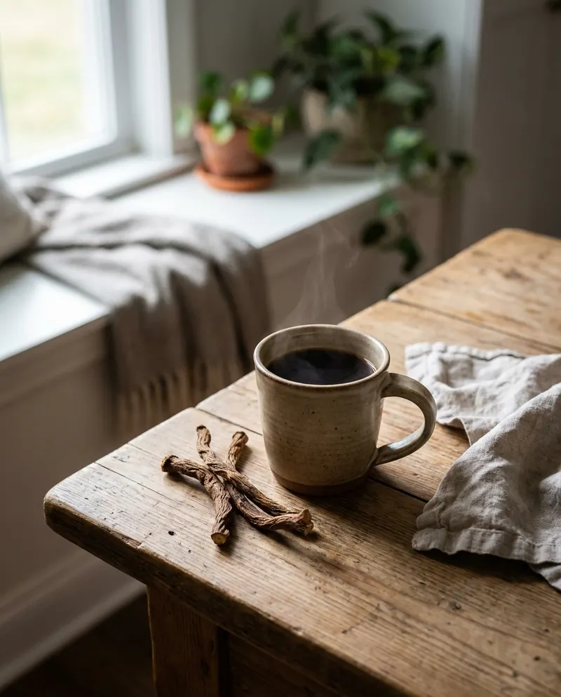 A warm cup of caffeine-free chicory drink with dried chicory root on a wooden table, a calming coffee alternative during pregnancy