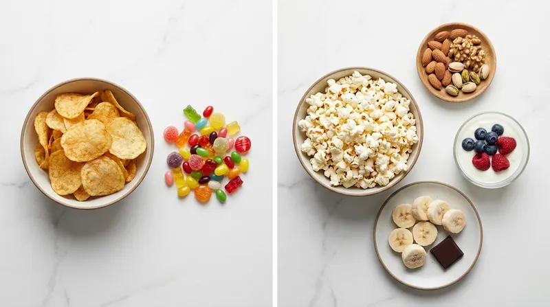 Snack swaps compared: crisps and sugary sweets beside popcorn, nuts, yoghurt with berries and frozen banana with dark chocolate
