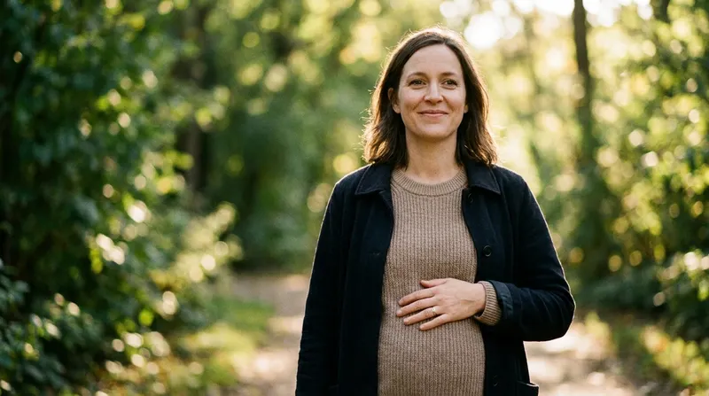 Happy confident pregnant woman in her late thirties smiling outdoors on a walk with a hand on her belly