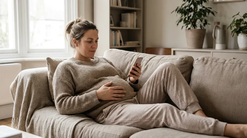 Pregnant woman resting at home and timing her contractions on her phone
