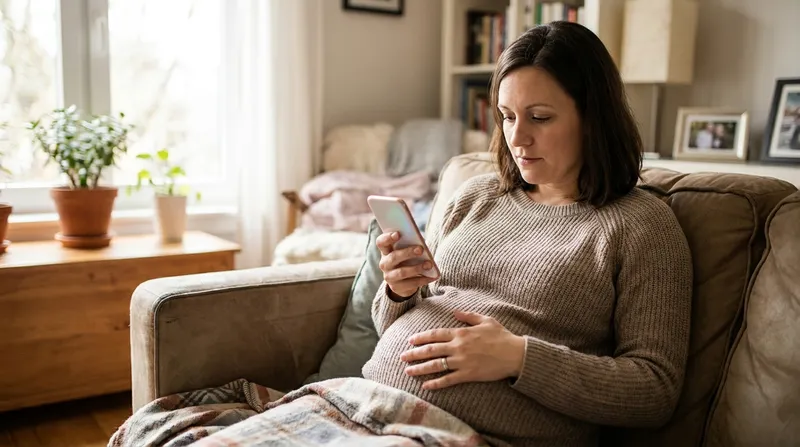 Pregnant woman timing her contractions on a smartphone while resting on a sofa, one hand on her belly