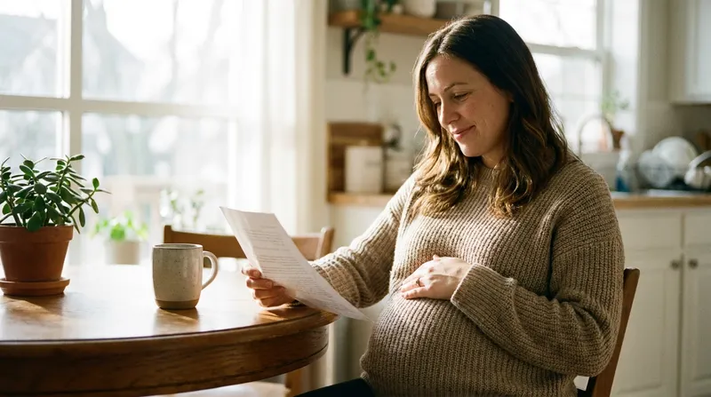 A calm pregnant woman reading a printed blood test result at a bright kitchen table