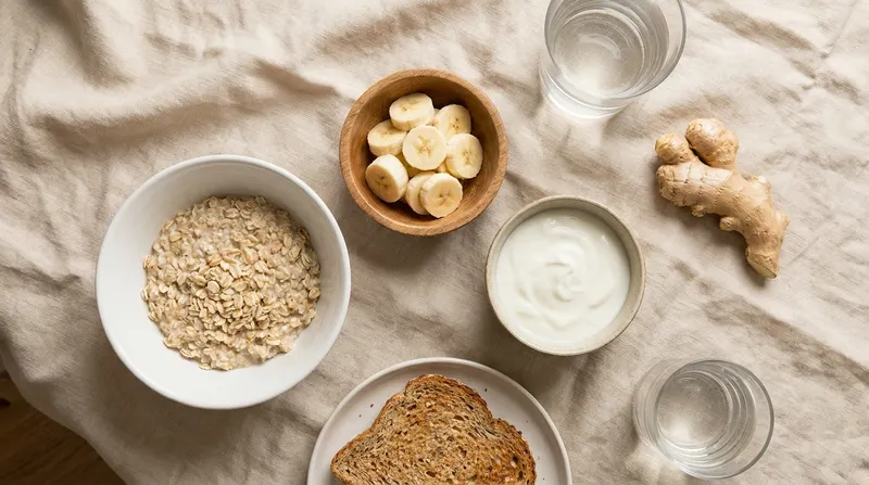 Gentle low-acid foods — oatmeal, banana, plain yogurt, ginger, whole-grain toast and water — that are easier on heartburn during pregnancy