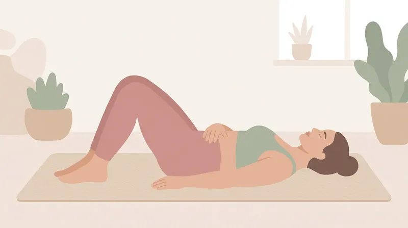 Illustration of a woman lying on her back with knees bent and feet flat, one hand on her lower belly, practising a pelvic floor exercise