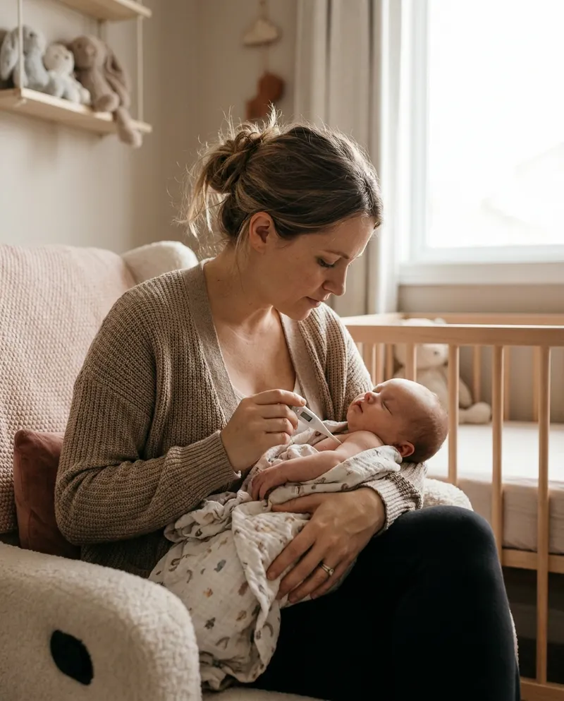 Parent gently measuring a baby's temperature with a digital thermometer at home