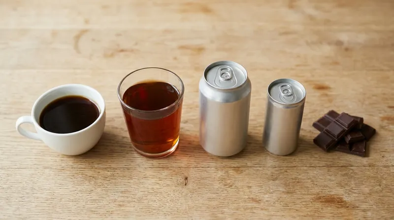 Everyday sources of caffeine side by side: a cup of black coffee, a glass of black tea, a can of cola, an energy drink and dark chocolate