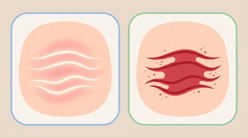 Comparison of irritant diaper rash with clear skin folds and candidal rash with red creases and satellite spots