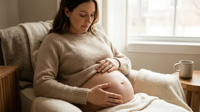 Pregnant woman resting both hands on her bare belly, feeling the baby move