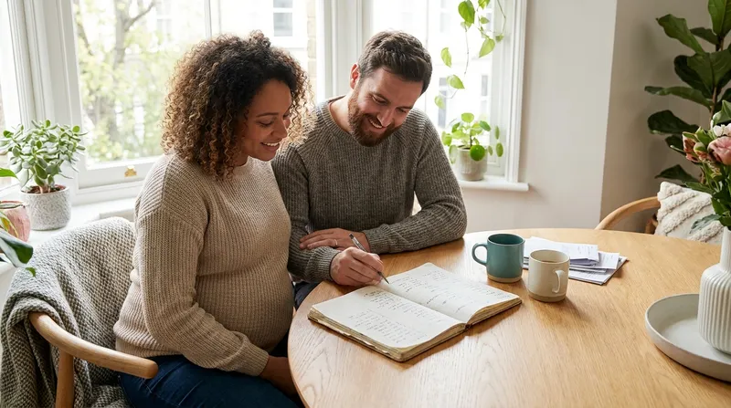 Expectant couple writing a shortlist of baby names together in a notebook at home