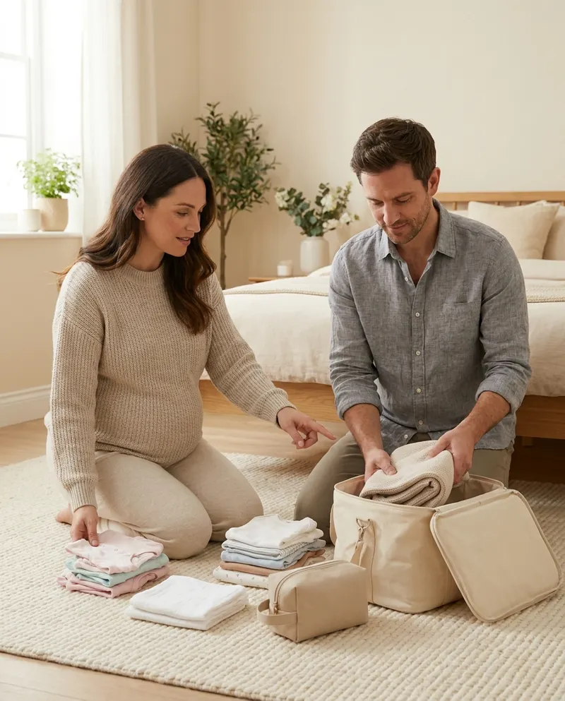 Couple kneeling on the bedroom floor, packing the hospital bag together with folded baby clothes