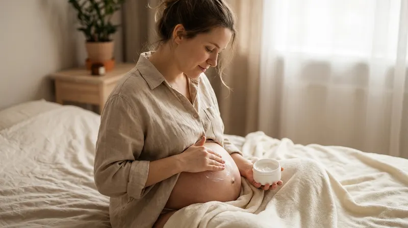Pregnant woman applying fragrance-free moisturizer to her belly to soothe itchy skin