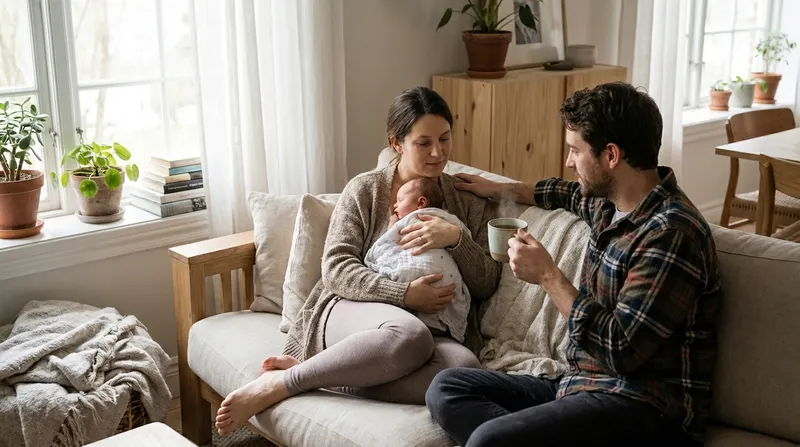 A partner supporting a resting mother and her newborn at home during recovery after a cesarean section