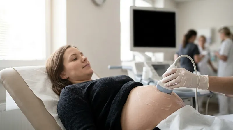 Second-trimester anatomy ultrasound scan with a sonographer during a prenatal appointment