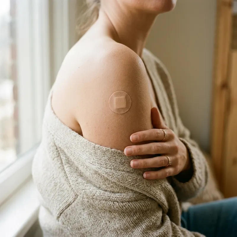 Detailní záběr na malou kulatou náplast na paži ženy po očkování