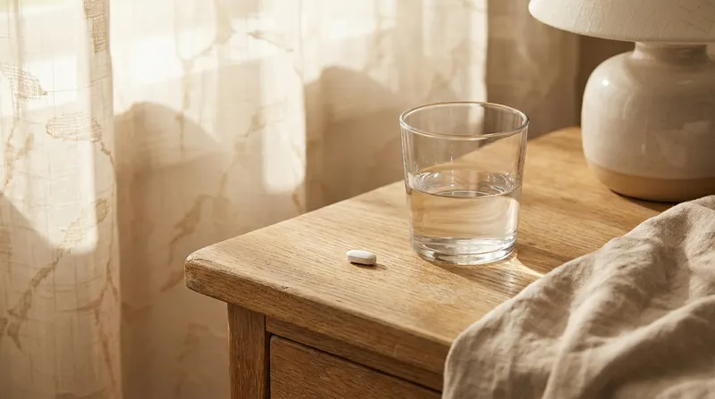 A single levothyroxine tablet and a glass of water on a bedside table in morning light