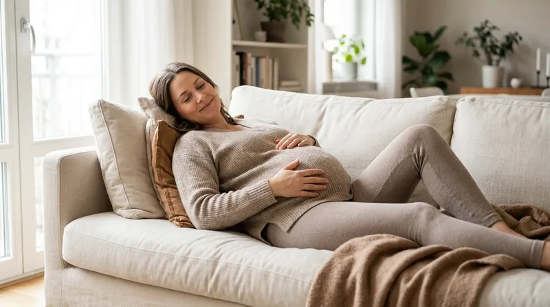 Pregnant woman in her third trimester resting on a couch with a hand on her belly
