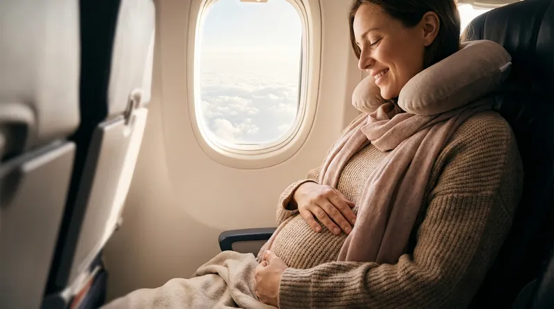 Pregnant woman relaxing in an airplane window seat with a hand on her belly