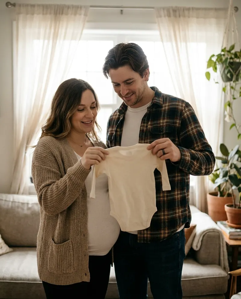 Pregnant woman and her partner holding a neutral cream baby onesie at home