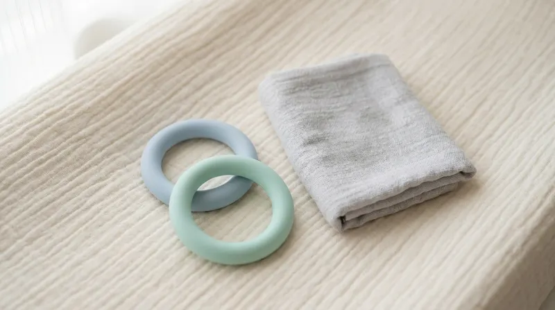 Silicone teething rings and a cool damp washcloth — safe ways to soothe a baby's sore gums