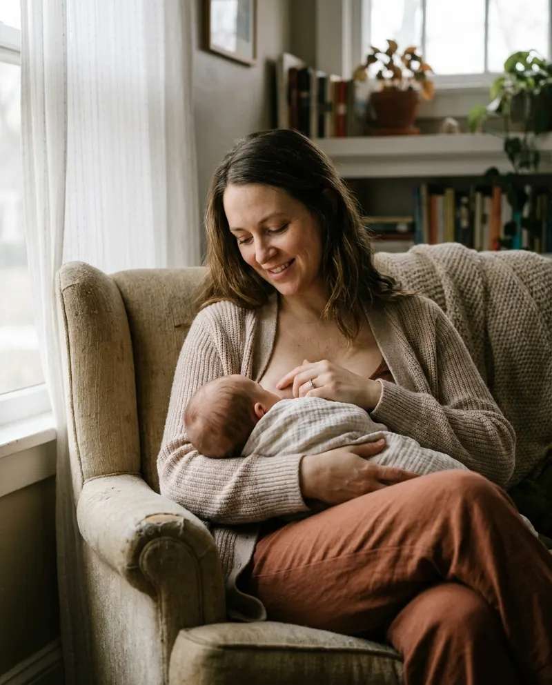 Mother breastfeeding her newborn baby in an armchair at home in soft morning light