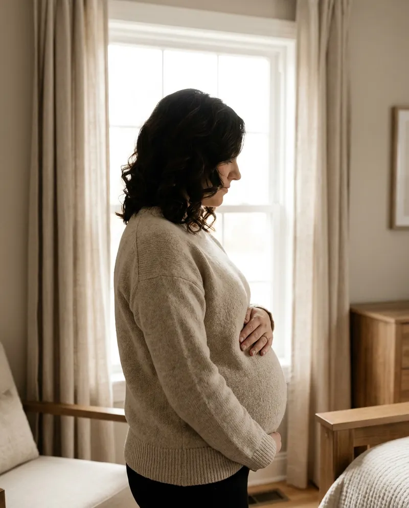 Pregnant woman in her second trimester resting her hands on her rounded belly by a window