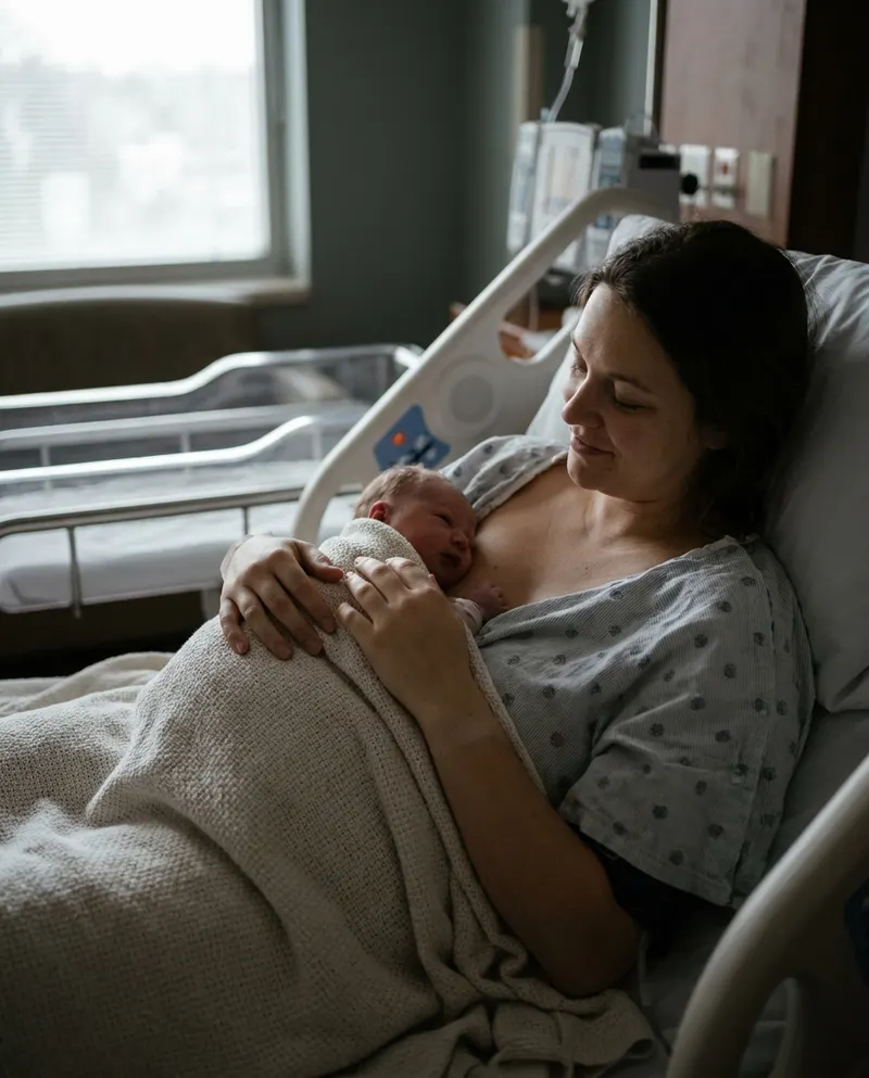 New mother in a hospital bed holding her swaddled newborn against her chest shortly after a cesarean birth