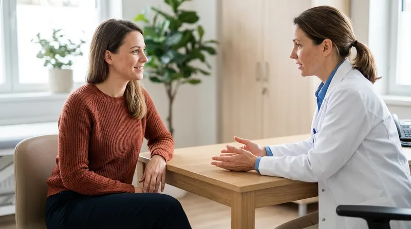 A woman talks calmly with her doctor across a desk in a bright clinic office