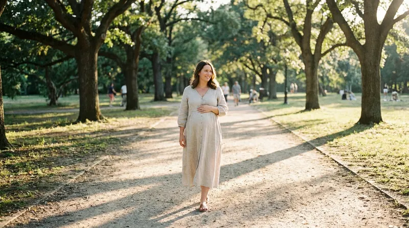 A pregnant woman at term walking outdoors on a tree-lined park path, one hand resting gently on her belly