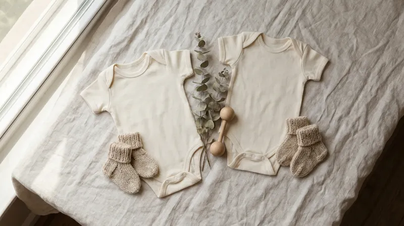 Two tiny matching baby outfits laid side by side with two pairs of knitted booties, symbolizing a twin pregnancy