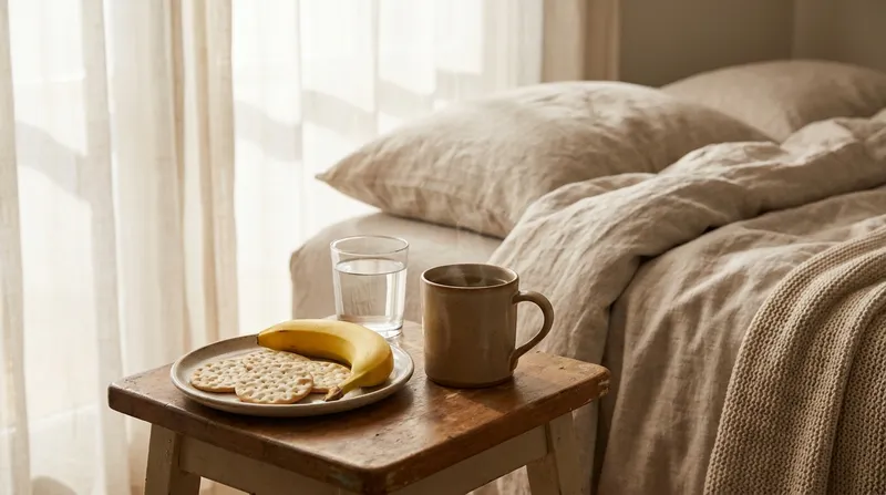 Plain crackers, a banana, a glass of water and a cup of tea on a bedside table — simple foods that help ease morning sickness