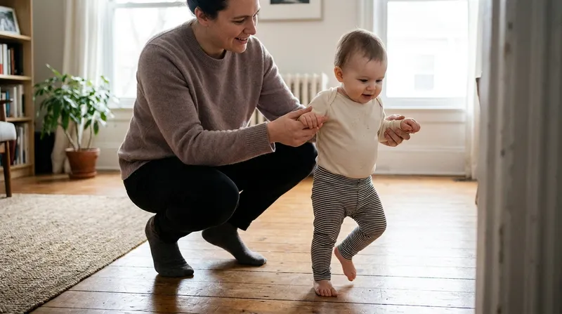 Parent holding a one-year-old baby's hands as the baby takes first steps on a wooden floor