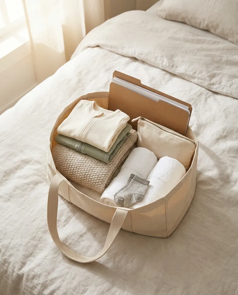 Packed hospital bag with folded baby clothes, a knit blanket, towels and essentials on a bed