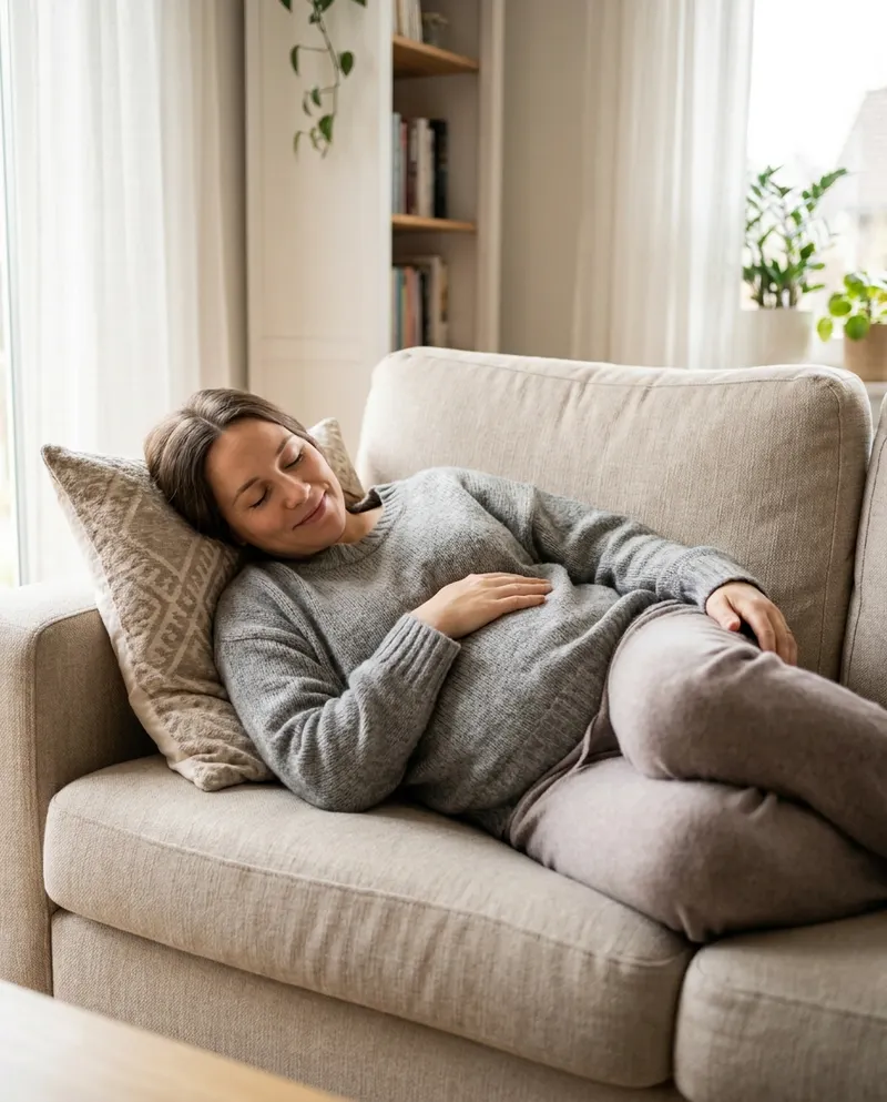 Pregnant woman resting comfortably on her side on a sofa with one hand on her belly