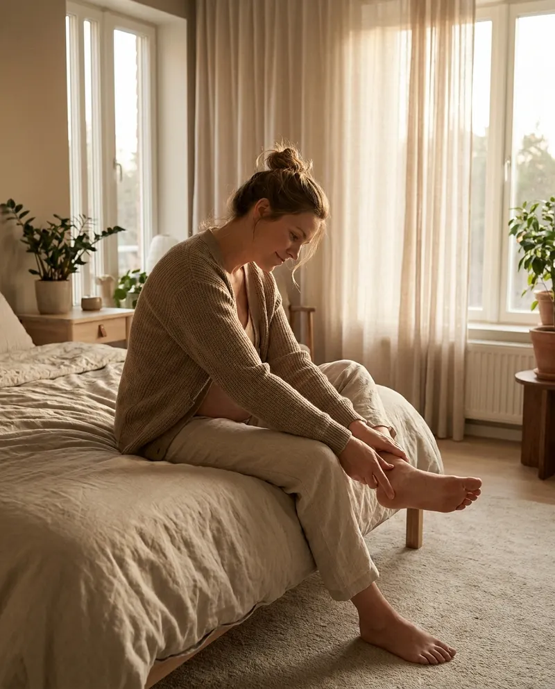 Pregnant woman sitting on the edge of a bed gently touching her slightly swollen lower leg and ankle at the end of the day