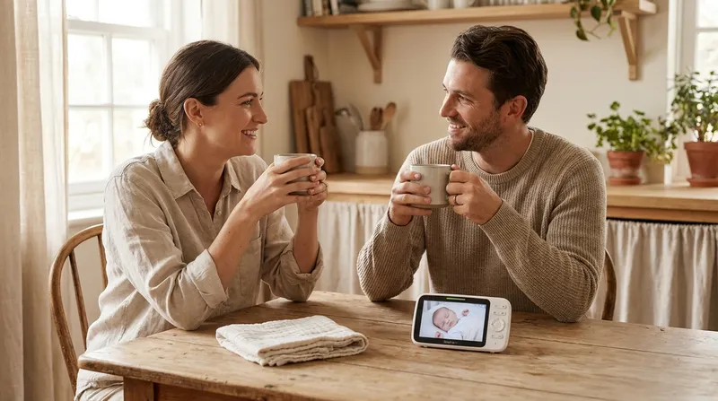 A couple talking over tea at the kitchen table while their baby sleeps