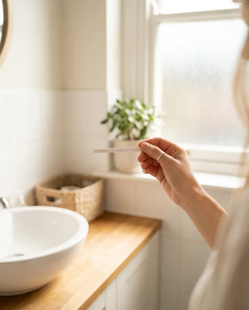 A woman holding a single ovulation predictor test strip in a bright, airy bathroom